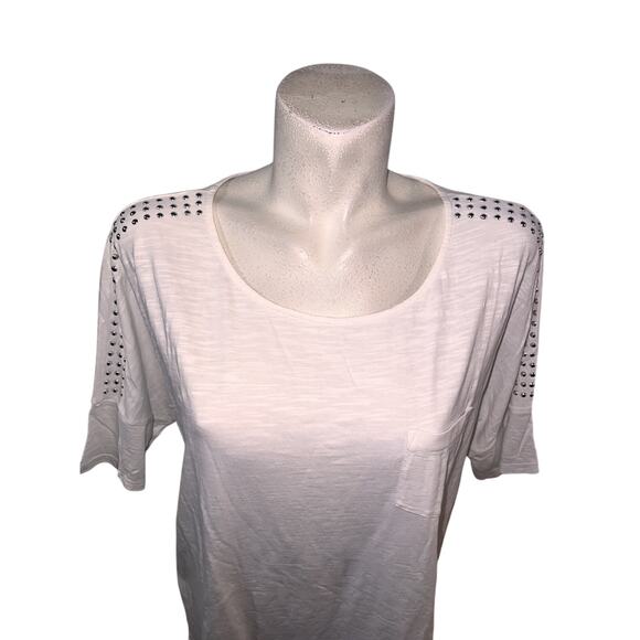 Chico's Top Size L (2) White Studded Shoulder Coastal Longer Length Shirt Tunic - Picture 2 of 6